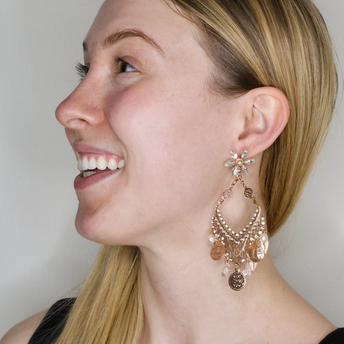 Woven Gold and Pearl Crystal Statement Earrings by AMARO