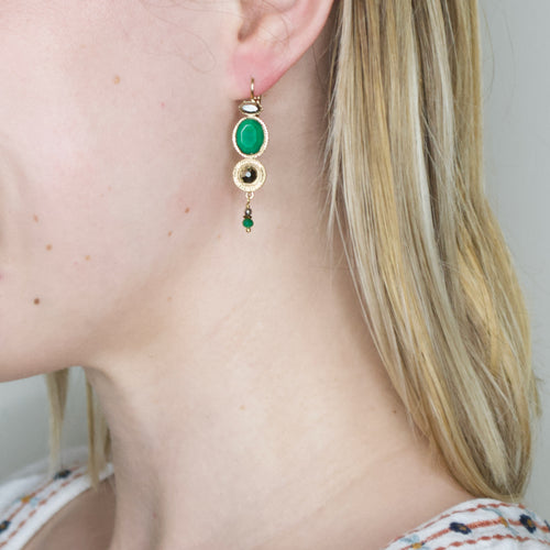 Fujita Green Jade and Swarovski Crystal Drop Earrings by Satellite Paris