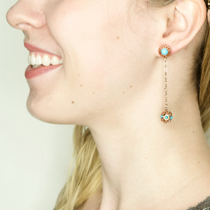 Turquoise and Coral Bead Drop Pendant Earrings by AMARO