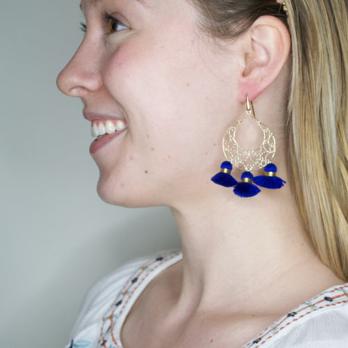 Statement Golden Filigree Earrings with Tassels - Blue