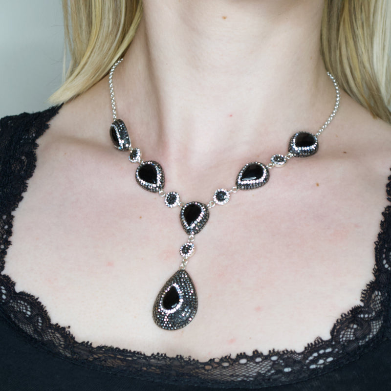 Sparkling Sterling Silver Onyx Drop Necklace