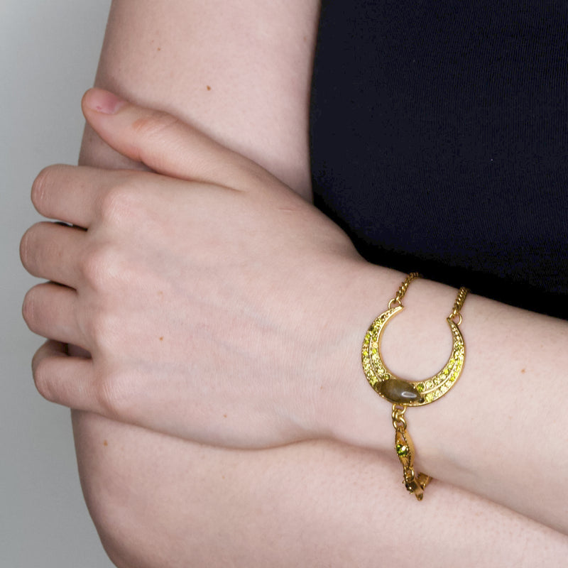 Gold Crescent Moon Goddess Dual Chain Crystal Bracelet by AMARO