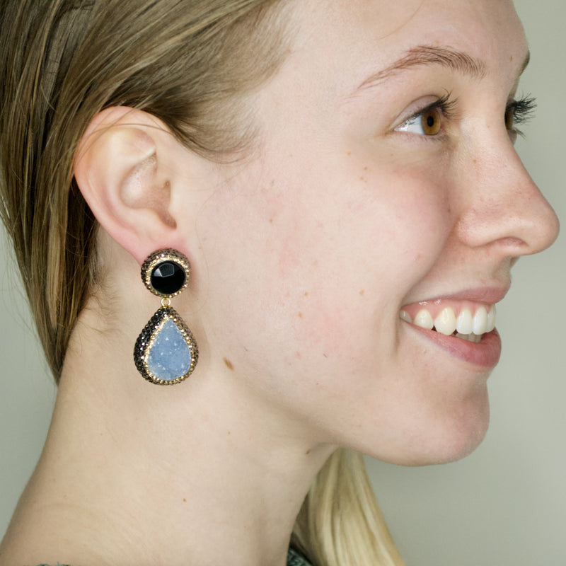 Silver Sky Druzy Quartz and Onyx Crystal Earrings