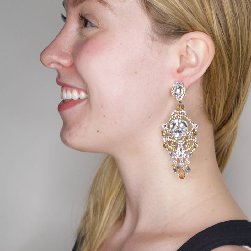Delicate Silver and Gold Crystal Chandelier Earrings by DUBLOS