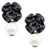 Dramatic Leather Flower with Swarovski Pearl Pendant Earrings by DUBLOS