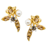 Bejeweled Gold Flower and Pearl Post Earrings by Eric et Lydie- White