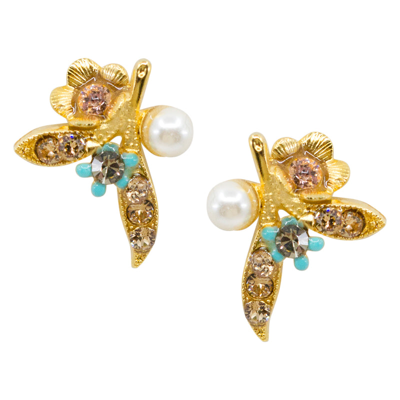 Bejeweled Gold Flower and Pearl Post Earrings by Eric et Lydie- Blue