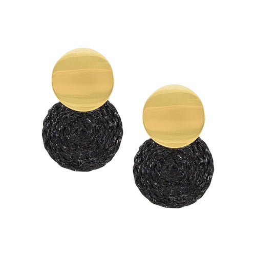 Natural Rice Fiber Black Circle Earrings