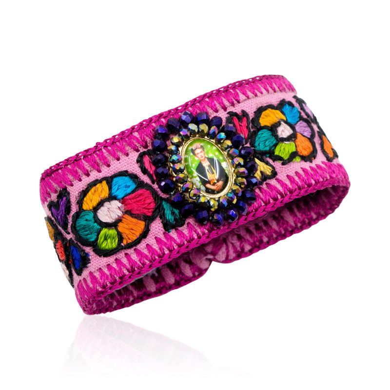 Playful Multicolored Embroidered Frida Kahlo Image Mexican Cuff Bracelet