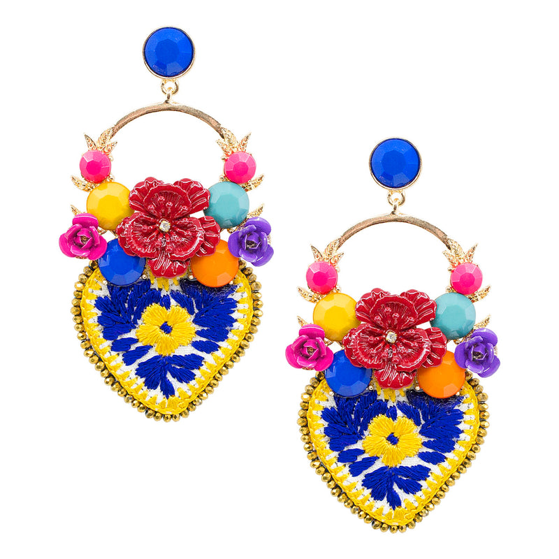 Colorful Flower and Embroidered Heart Drop Earrings