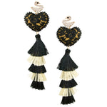 Embroidered Heart with Tiered Tassel Mexican Earrings with Swan Detail