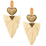 Statement Embroidered Heart with Raffia Fan Mexican Earrings