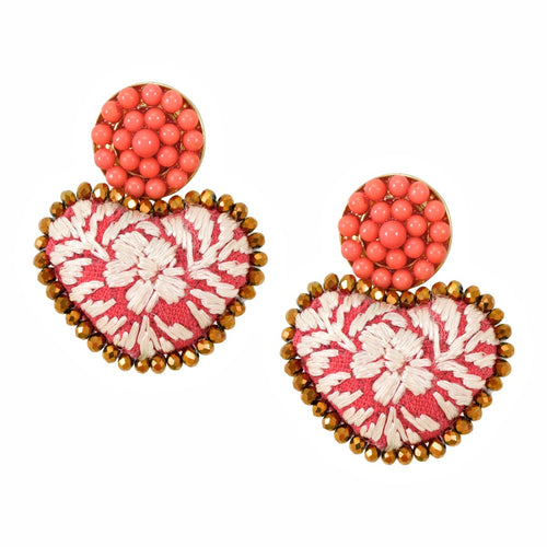 Embroidered Mexican Heart Earrings - Salmon