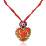 Embroidered Heart Mexican Drop Necklace - Red and Lime Green