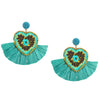 Embroidered Heart with Fan Mexican Earrings - Teal