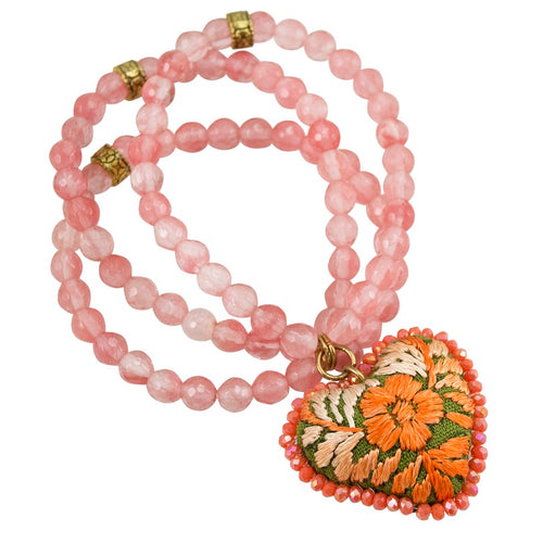 Orange Stone Beads and Embroidered Heart Stretch Bracelet