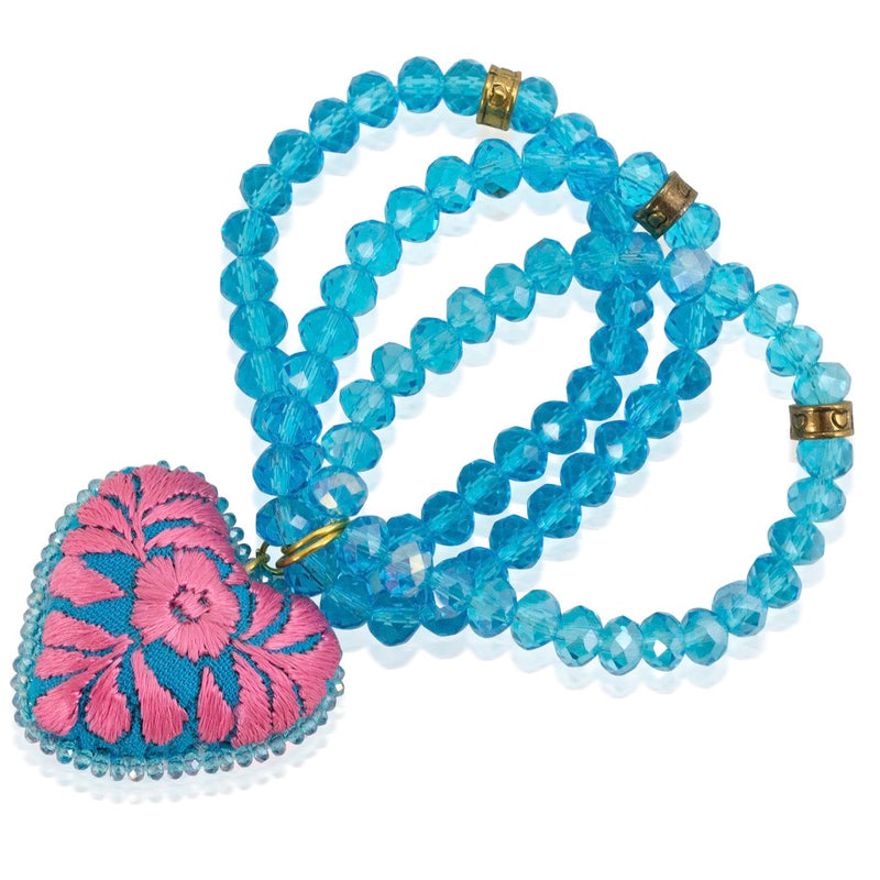 Deep Aqua Crystal Beads and Embroidered Heart Stretch Bracelet