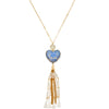Long Embroidered Heart and Tassel Necklace - Light Blue