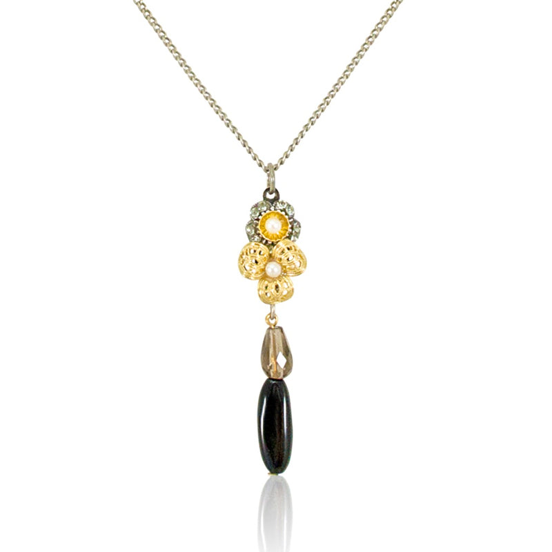 Flower and Onyx Drop Pendant Necklace by Eric et Lydie
