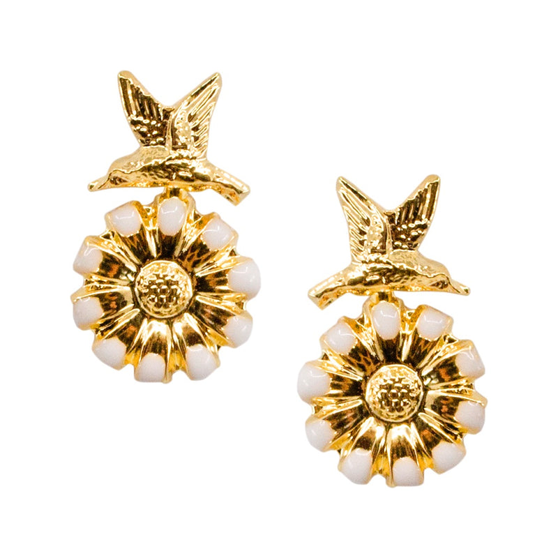 Gold Flower and Sparrow Earrings by Eric et Lydie