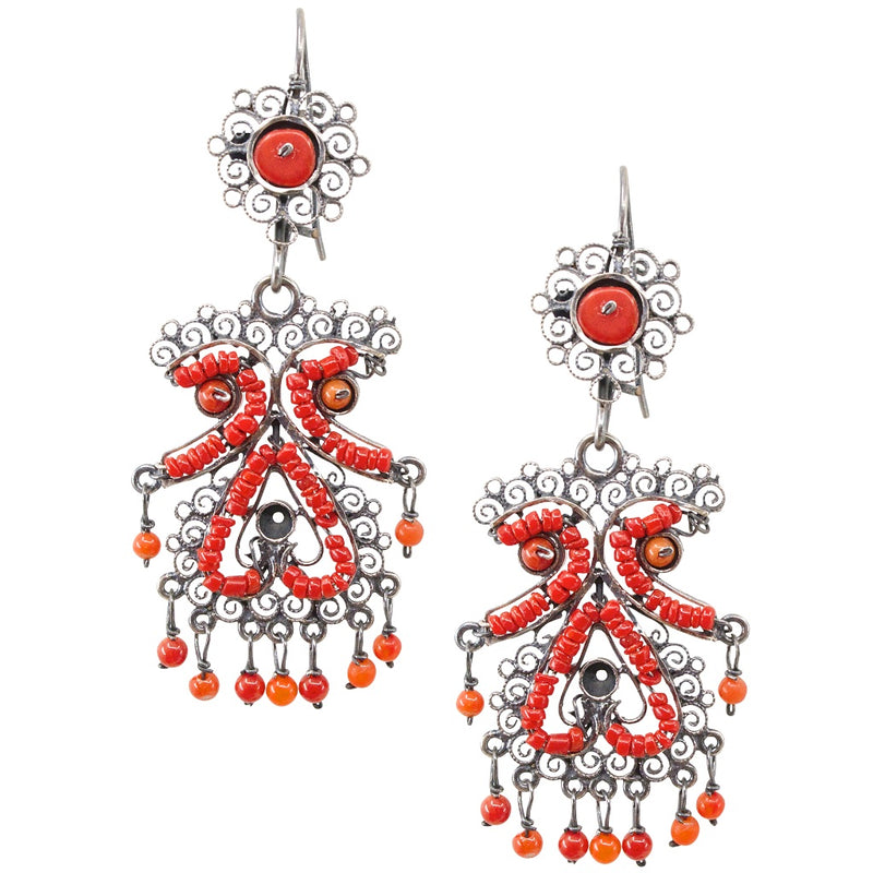 Sterling Silver Frida Kahlo Filigree Earrings with Coral Beads