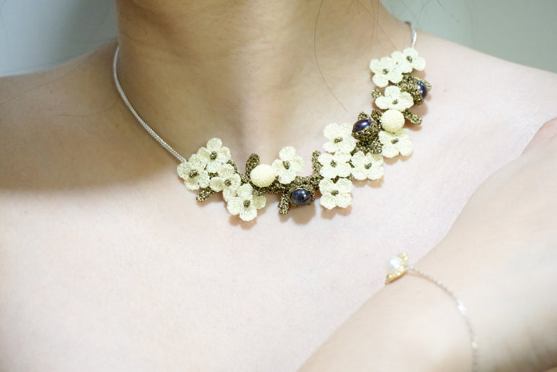 Elaborate Hand Crocheted Flower and Pearl Necklace - Ivory