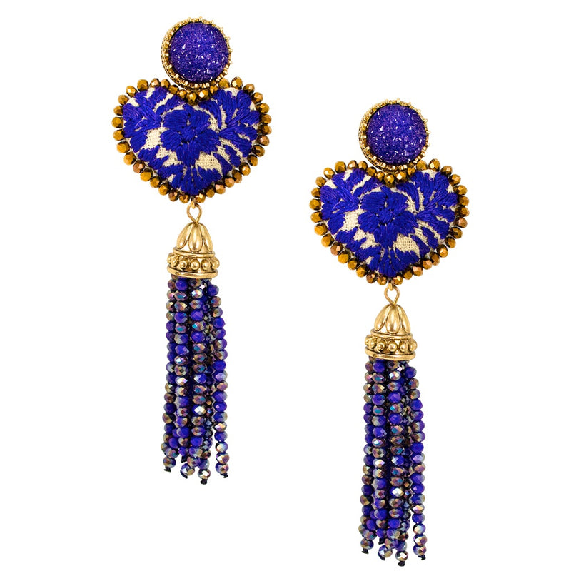 Royal Blue Embroidered Crystal Tassel Mexican Earrings