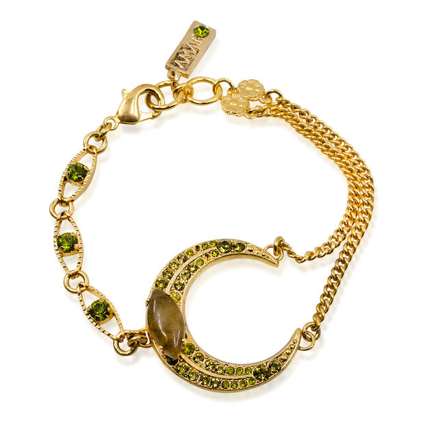 Gold Crescent Moon Goddess Dual Chain Crystal Bracelet by AMARO