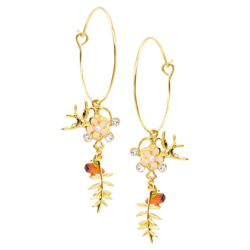 Gold Sparrow and Flower Hoop Earrings by Eric et Lydie