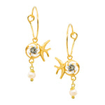 Gold Sparrow and Flower Pearl Hoop Earrings by Eric et Lydie