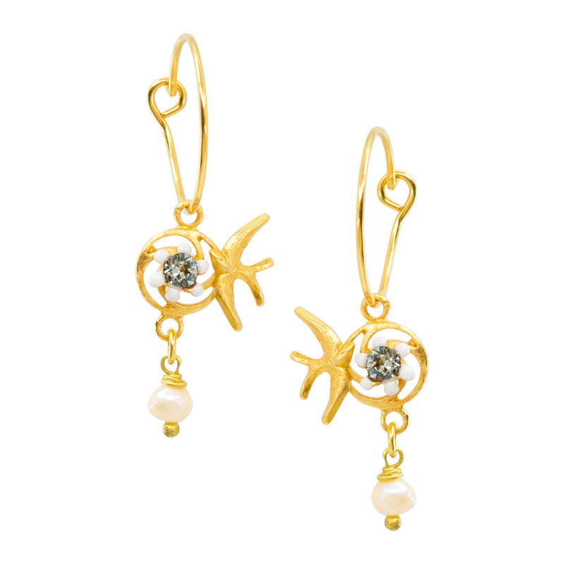 Gold Sparrow and Flower Pearl Hoop Earrings by Eric et Lydie