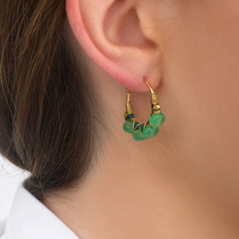 Small Green Agate Beaded Hoop Earrings by Satellite Paris