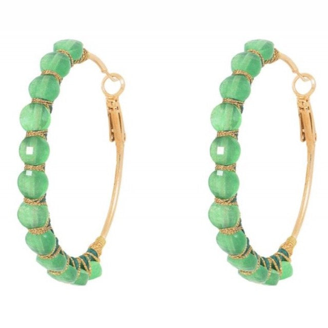 Green Agate Beaded Hoop Earrings by Satellite Paris