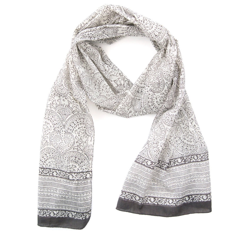 Hand Block Printed Scarf - Grey Spades