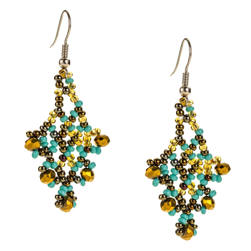Hand Beaded Earrings - Shimmering Turquoise and Gold