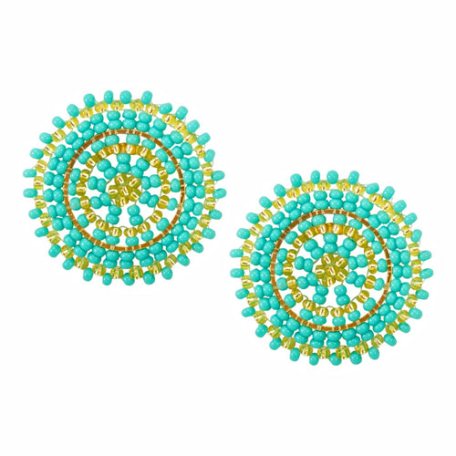 Turquoise and Gold Hand Beaded Disc Earrings