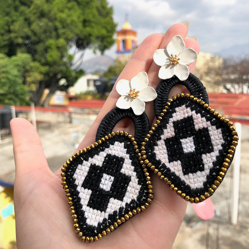 Black and White Embroidered Geometric and Flower Mexican Earrings