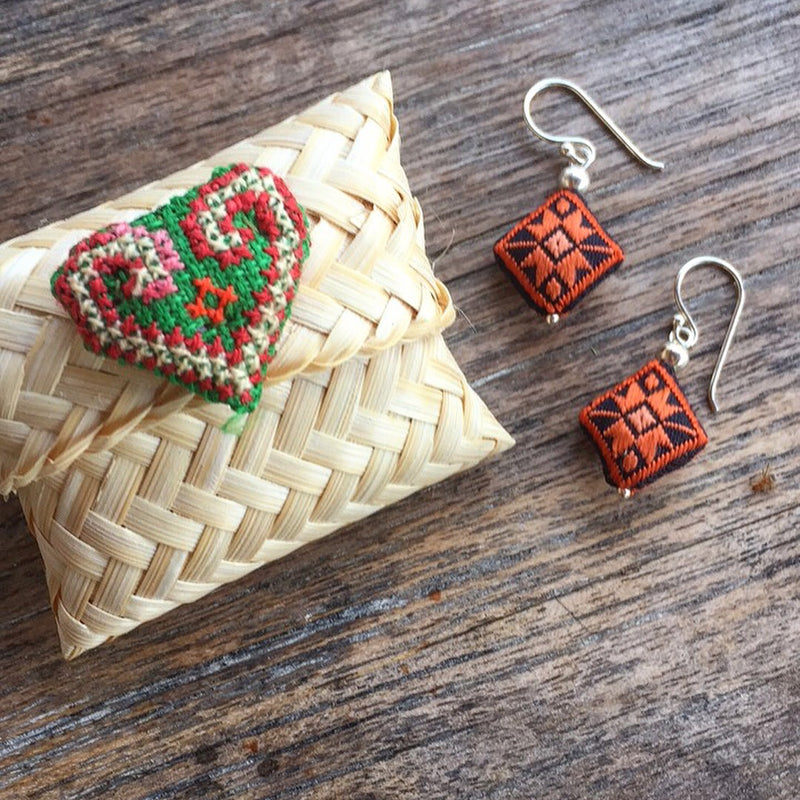 Embroidered Silk Earrings - Orange and Black