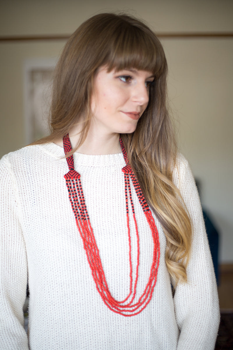 Embroidered and 5 Strand Glass Bead Necklace - Blue