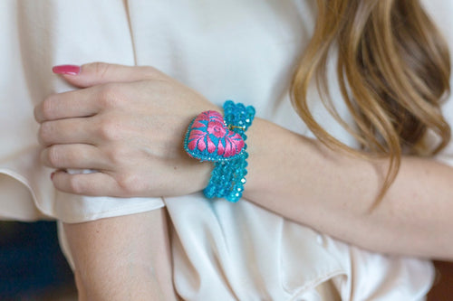 Deep Aqua Crystal Beads and Embroidered Heart Stretch Bracelet