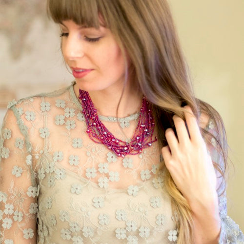 Hand Beaded Necklace - Shimmering Magenta Pink