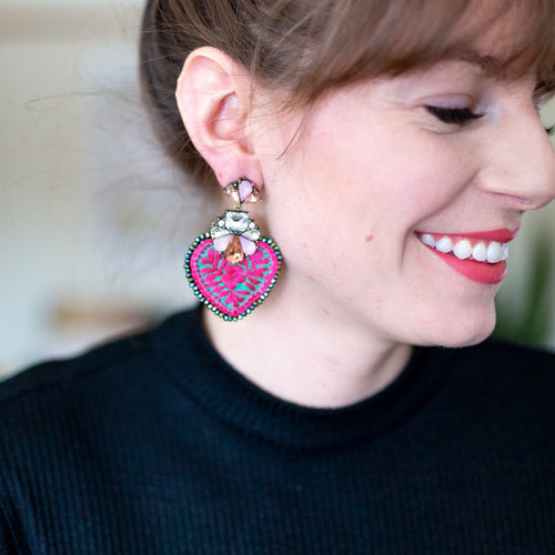 Crystal and Embroidered Heart Mexican Earrings