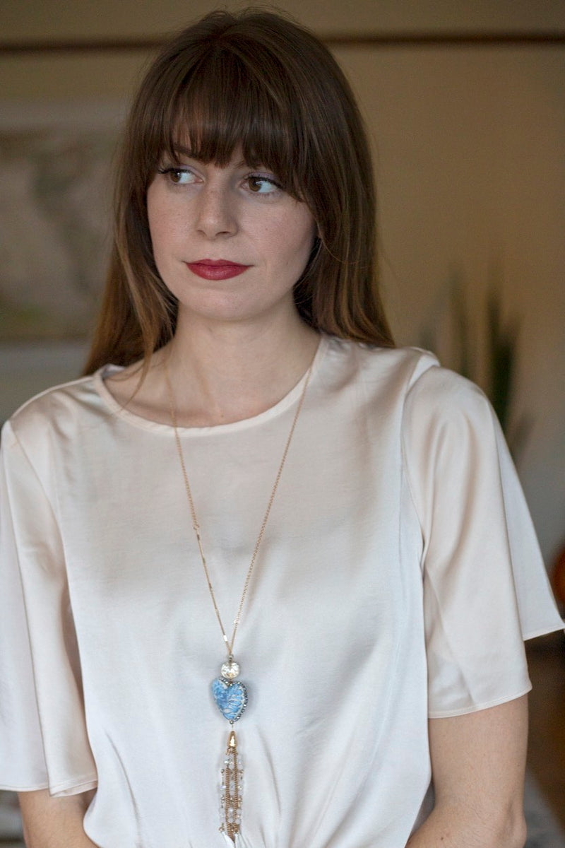 Long Embroidered Heart and Tassel Necklace - Light Blue