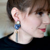 Royal Blue Embroidered Crystal Tassel Mexican Earrings