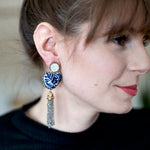 Royal Blue Embroidered Crystal Tassel Mexican Earrings
