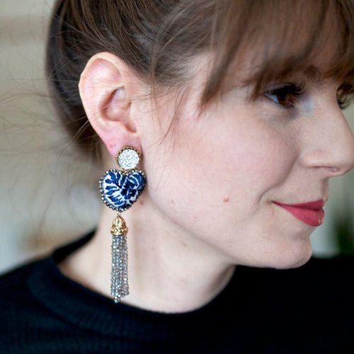 Royal Blue Embroidered Crystal Tassel Mexican Earrings