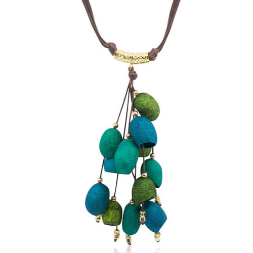 Jade Leather and Silk Worm Cocoon Colorful Long Pendant Necklace