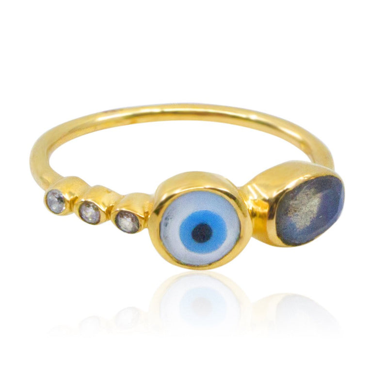 Labradorite and Zirconia Evil Eye Gold Plated Statement Ring- Size 6.5