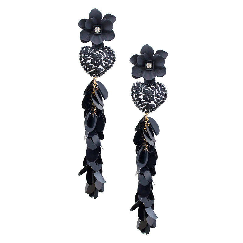 Long Black Embroidered Heart and Flower Mexican Earrings