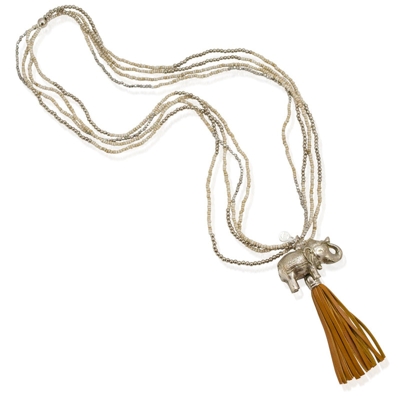 Long Elephant Pendant and Leather Tassel Necklace